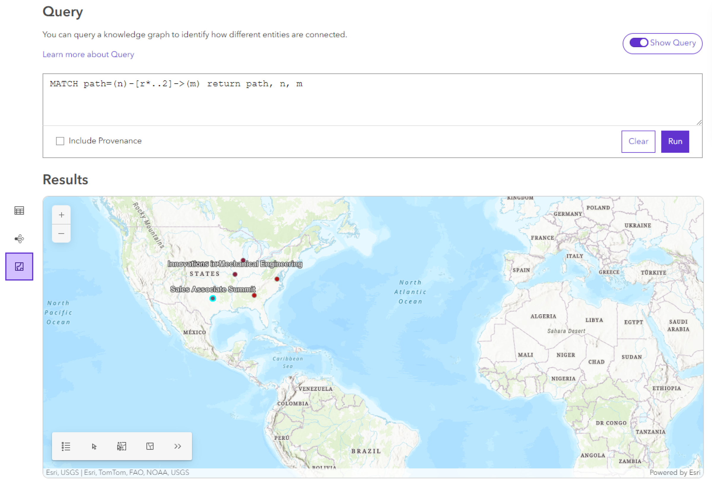 Map preview of query results shows any selections made in the table view. Map preview of query results shows any selections made in the table view.